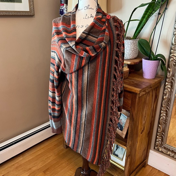 Boho Wrap Blanket Cardigan Tassel Hem Shawl Knit Sweater Rust Orange Brown Small - Picture 2 of 10